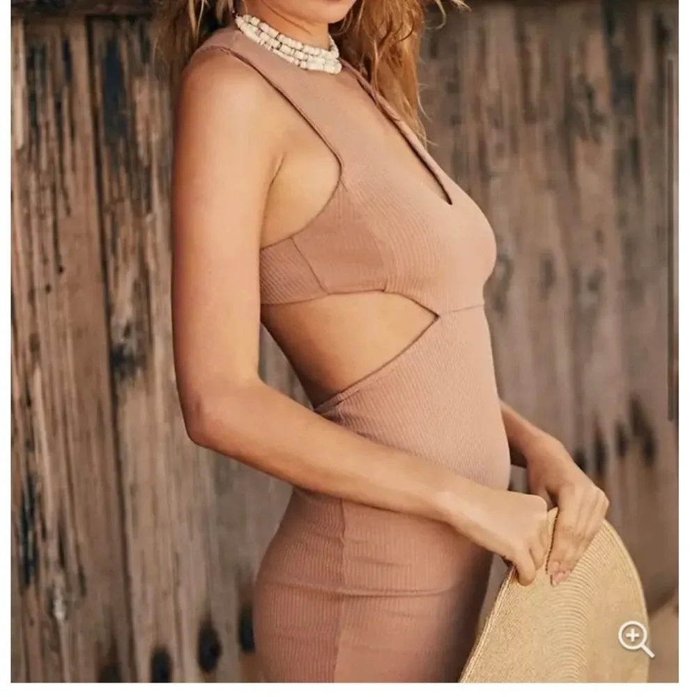 NWT FP Beach Cutout Bodycon Mini Dress XS Ribbed Halter Backless Tan Neutral